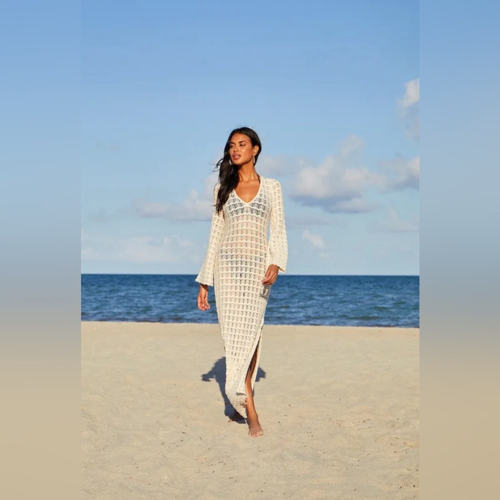 Lulus Beige Crochet Maxi Swim Cover-Up